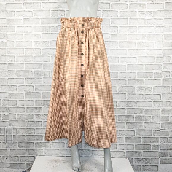 Everlane Women's Button maxi Skirt paperbag waist brown gingham size Medium NWT - Picture 2 of 9